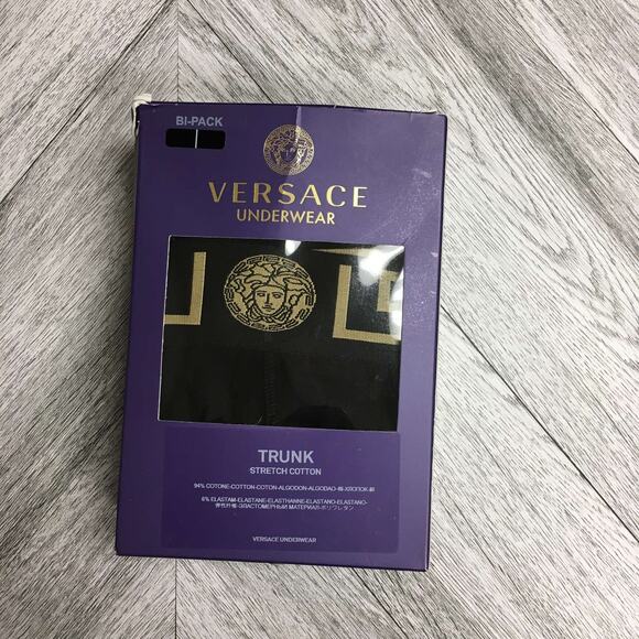 VERSACE Mens Stretch Cotton Trunk Underwear Bi-Pack Black Gold New - Picture 2 of 4